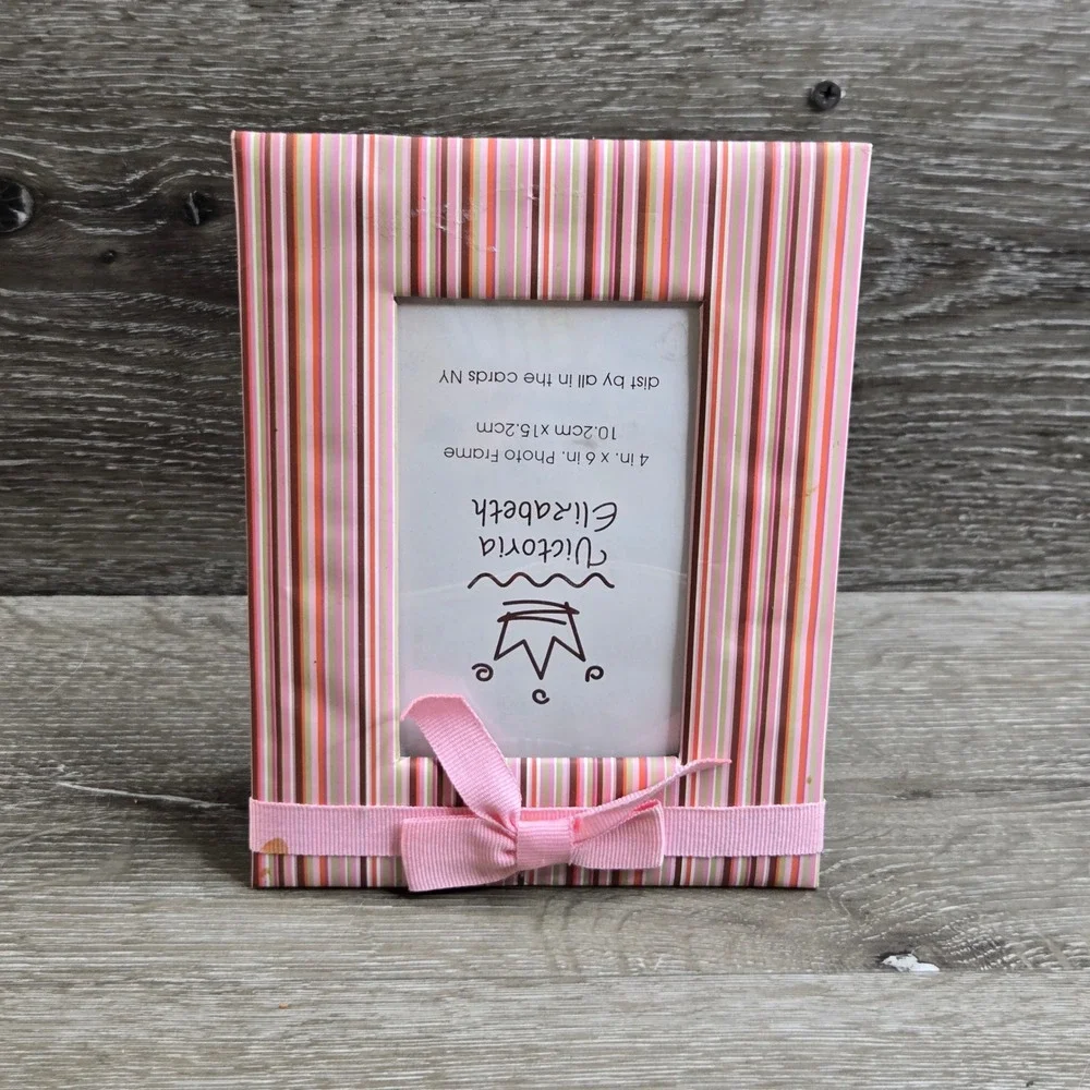Victoria Elizabeth Pink Striped Picture Frame Ribbon Accent Photo Holder 4x6